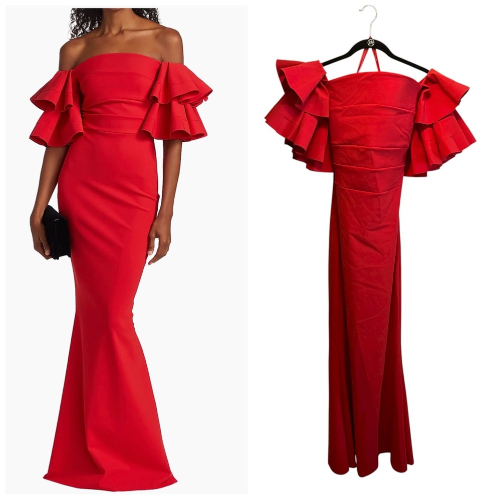 CHIARA BONI La Petite Robe Pavarti Off Shoulder Gown Red Size 14 NWT Prom Dress